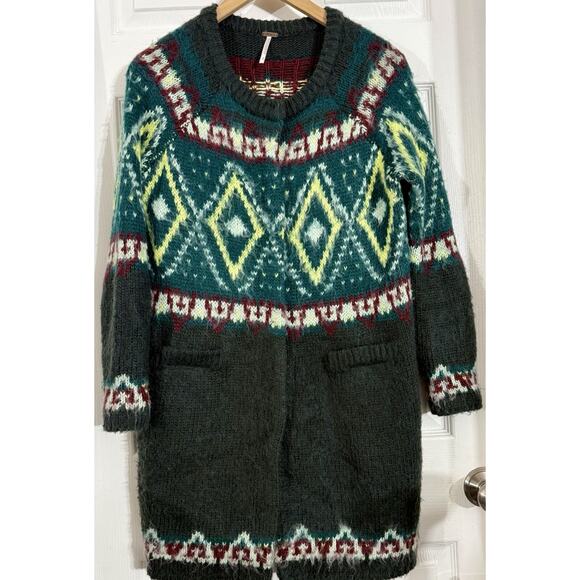 Free People Green Fair Isle Long Mohair Blend Snap Cardigan Cozy Boho Sweater S - Picture 1 of 4